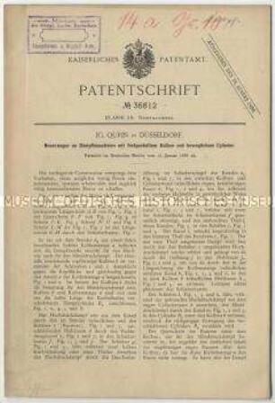 Patentschrift einer Neuerung an Dampfmaschinen mit festgestelltem Kolben und beweglichem Zylinder, Patent-Nr. 36612