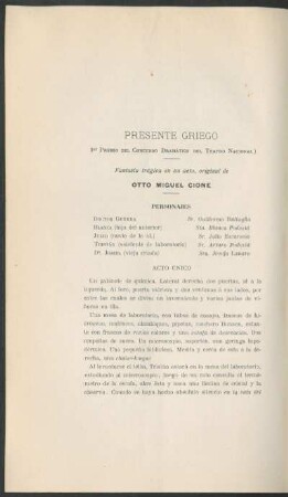 Presente Griego : 1er premio del concurso dramático del Teatro Nacional, Fantasía trágica en un acto, original