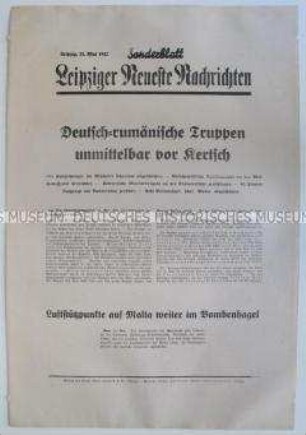 Sonderblatt der "Leipziger Neuesten Nachrichten" u.a. zum Kriegsverlauf auf der Krim und zu Luftangriffen auf Malta