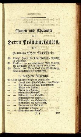 Namen und Character der Herrn Pränummeranten, der Hannöverschen Cavallerie.