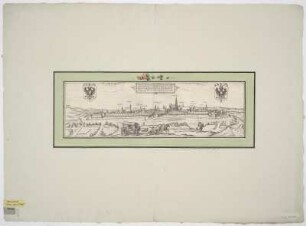 Vogelschauansicht von Wien, Radierung, um 1572 : Vienna Austriae Metropolis : Urbs Toto Orbe Notissima Celebratissimaque Unicvm Hodie In Oriente Contra Saevissimum Turcam Invictum Propugnaculum / [Stecher: Franz Hogenberg. Hrsg.: Georg Braun]. - [Coloniae Agrippiae] : [Auctores] , [1572]. - 1 Ansicht : Radierung ; 47 x 14 cm. Titel oben Mitte. - Mit 2 Wappen. - Auch ersch. in: Civitates orbis terrarvm, T. I