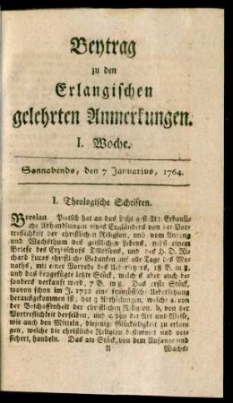 I. Woche (7. Januarius 1764)-LII. Woche (29. December 1764): Beytrag zu den Erlangischen gelehrten Anmerkungen