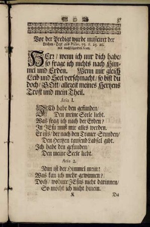 Vor der Predigt wurde musiciret der Leichen-Text aus Psalm. 73. v. 25.26. - Nach der Predigt.
