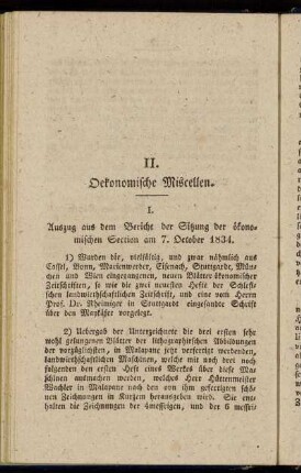 1. Auszug aus dem Bericht der Sitzung der ökonomischen Section am 7. October 1834