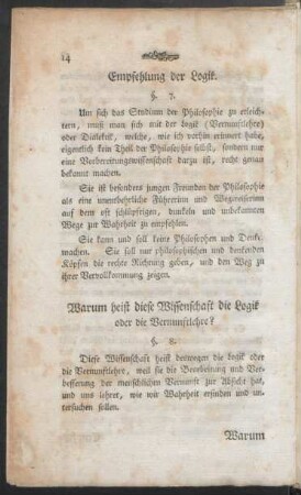 Warum heist diese Wissenschaft die Logik oder die Vernunftlehre?