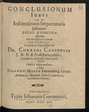 Conclusionum Iuris Ad Institutiones Iustiniani Imperatoris Decas Undecima