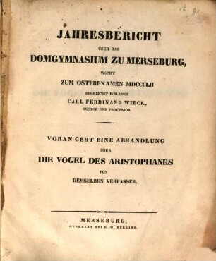 Über die Vögel des Aristophanes : (Jahresbericht über das Domgymnasium zu Merseburg)
