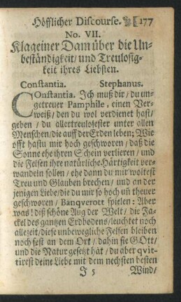 No. VII. Klag einer Dam über die Unbeständigkeit/ und Treulosigkeit ihres Liebsten.