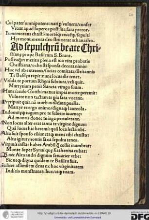 Ad sepulchrum beate Christianae prope Basileam Sebastiani Brant.