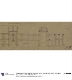 Darmstadt, Wohnhaus Olbrich, Kellergeschoss, Küche, Aufrisse der Süd und Westwand