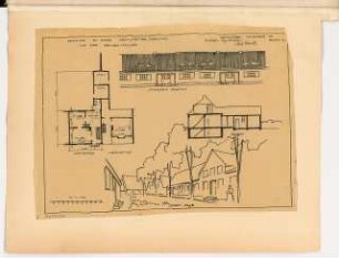 Reihenhäuser einer Heimstättensiedlung Monatskonkurrenz November 1920: Grundriss Erdgeschoss, Obergeschoss, Aufriss Straßenansicht, Längsschnitt 1:100; perspektivische Ansicht; Maßstabsleiste