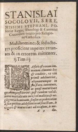 Stanislai Socolovii ... oratio pro Religione Catholica.