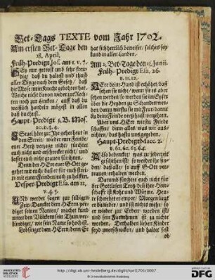 Bet = Tags Texte vom Jahr 1702