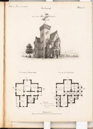 Hafenbahn mit Rangierbahnhof Schinkelwettbewerb 1889: Rangierdienstgebäude. Perspektivische Ansicht, Grundrisse 1:100