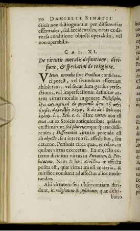 Cap. XI. De virtutis moralis definitione, divisione, & speciatim de religione.