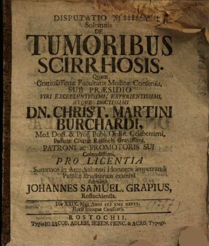 Disputatio Medica Solemnis De Tumoribus Scirrhosis