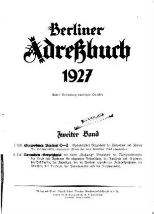 Berliner Adreßbuch 1927 Zweiter Band