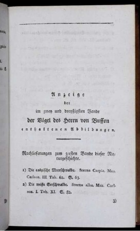 Anzeige der im zwey und dreyßigsten Bandes von Buffons Naturgeschichte der Vögel entHaltetenen Abbildungen. [Plates siehe arabische Paginierung]