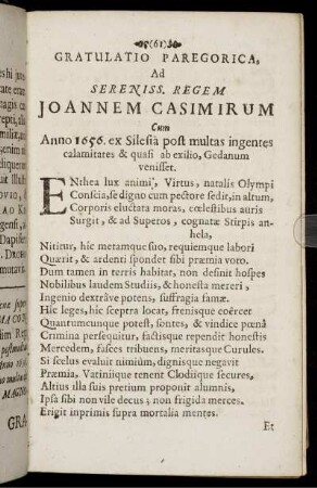 Gratulatio Paregarica, Ad Sereniss. Regem Joannem Casimirum [...]
