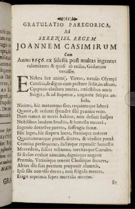 Gratulatio Paregarica, Ad Sereniss. Regem Joannem Casimirum [...]