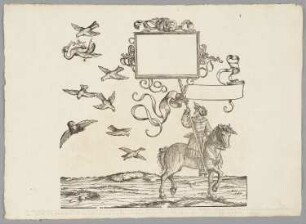 Berittener Falkner, Hans Teuschel, trägt eine Tafel, Blatt 5 aus: Marx Treitzsaurwein, "Kaiser Maximilian I Triumph – le triomphe de l’Empereur Maximilien I en une suite de Cent trent cinq planches gravées en bois d’après les dessins de Hans Burgmair", Wien 1796
