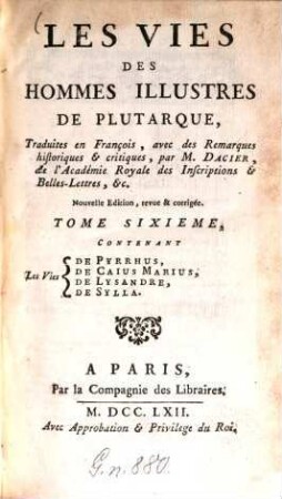 Les Vies des Hommes Illustres de Plutarque, 6. Pyrrhus, Caius Marius, Lysandre, Sylla