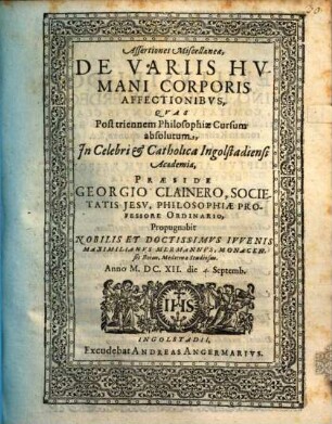 Assertiones miscellaneae, de variis humani corporis affectionibus