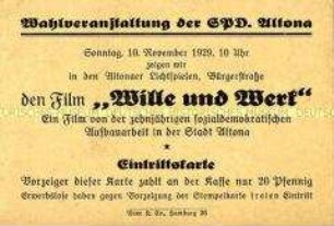 Eintrittskarte für eine Filmveranstaltung der SPD Altona