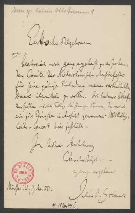 Brief an Komitee Niederrheinisches Musikfest : 19.05.1881
