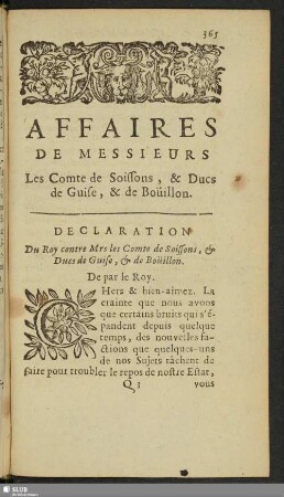 Affaires De Messieurs Les Comte de Soissons, & Ducs de Guise, & de Boüillon