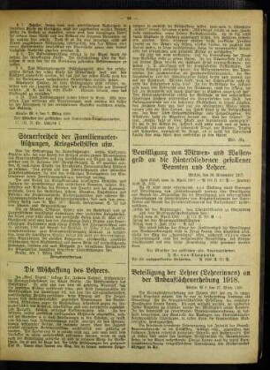 Bewilligung von Witwen- und Waisengeld an die Hinterbliebenen gefallener Beamten und Lehrer : [Verordnung vom 30. November 1917]