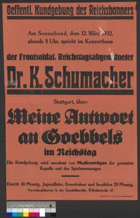 Plakat des Reichbanners zu einer Wahlkundgebung [öffentlichen Kundgebung] am 12. März 1932 in Braunschweig