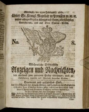 No. 8. Montags, den 23ten Februarii, 1767.