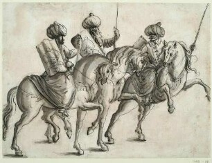 Drei türkische Reiter; Vorzeichnung zu Balthasar Küchlers: "Repraesentatio der Fürstlichen Auffzug und Ritterspil..." 1609