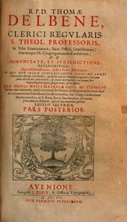 De immunitate et iurisdictione ecclesiastica opus absolutissimum : in duas partes distributum, 2