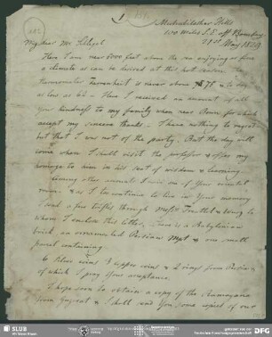 Eigenh. Brief von John Malcolm an August Wilhelm von Schlegel, Bombay, 21.05.1829