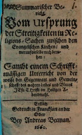 Eygentlicher Bericht vom Ursprung der Streitigkeiten in Religions-Sachen, zwischen den evangelischen Kirchen