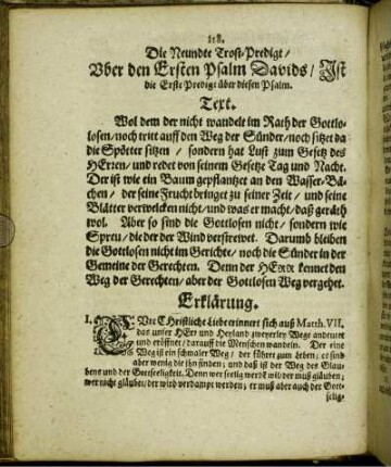 Die Neundte Trost-Predigt/ Vber den Ersten Psalm Davids/ Ist die Erste Predigt über diesen Psalm.