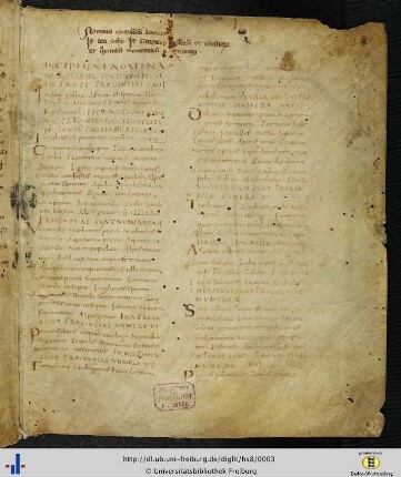[1r] Kurzes Inhaltsverzeichnis (14. Jh.).