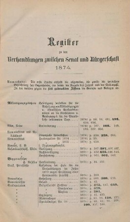 Register zu den Verhandlungen zwischen Senat und Bürgerschaft 1874