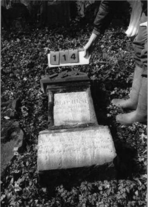 Grabstein 114 (Index: 99792208) Material: Sandstein, weiße Marmorplatte Zustand: verwittert mit Textverlust Maße HxBxT: 110x45x19 cm Beschreibung: Stele, profilierter Sockel, Giebel, rechteckige Schriftplatte Symbolik: Voluten: Grabstein 114