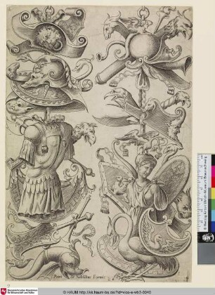 [Le second trophée offre en bas une femme ayant un casque sur la tête; Trophies including a Helmeted Woman; Trophäen und eine behelmte Frau]