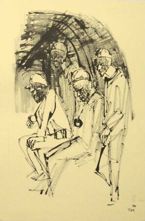 Druck einer Tuschezeichnung, Zyklus über die Zeche Fürst Leopold, Dorsten, Bl. 1: Bergleute vor der Ausfahrt