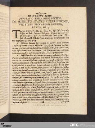 Disputatio Theologiae Biblicae, De Subjecto Status Corruptionis, Vel Statu Peccatoris Hominis.