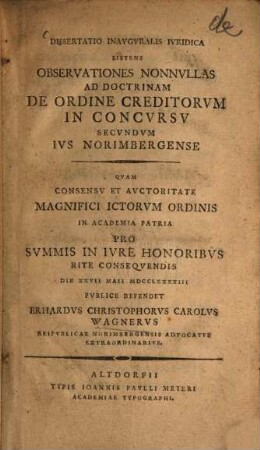 Dissertatio inauguralis iuridica sistens observationes nonnullas ad doctrinam de ordine creditorum in concursu secundum ius Norimbergense
