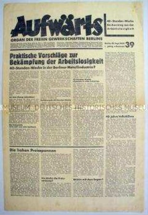 Gewerkschaftszeitung "Aufwärts" u.a. zur Bekämpfung der Arbeitslosigkeit