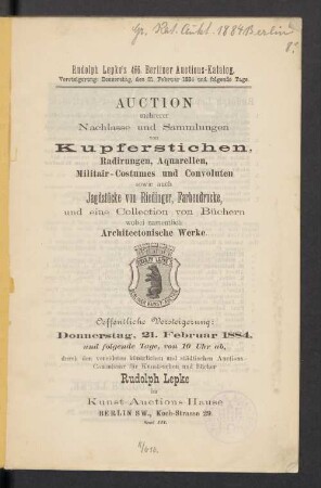 Nachlässe u. Sammlungen v. Kupferst. etc. Jagdstücke von Riedinger, Farbendrücke : 21.2.