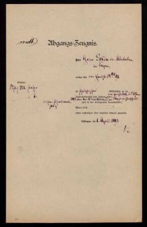 Abgangszeugnis. Tübingen, 01.04.1893.