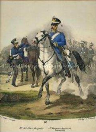 Uniformdarstellung, Artillerist der 8. Atrillerie-Brigade, Unteroffizier des 4. Dragoner- Regiments zu Pferd, Preußen 1830. Aus: Elzholz u.a.: Das Preussische Heer. Tafel 66.