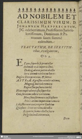 Ad Nobilem Et Clarissimum Virum, D. Johannem Harprechtum ... suum summe colendum: Tractatum, De Servitutibus, evulgantem; Oda
